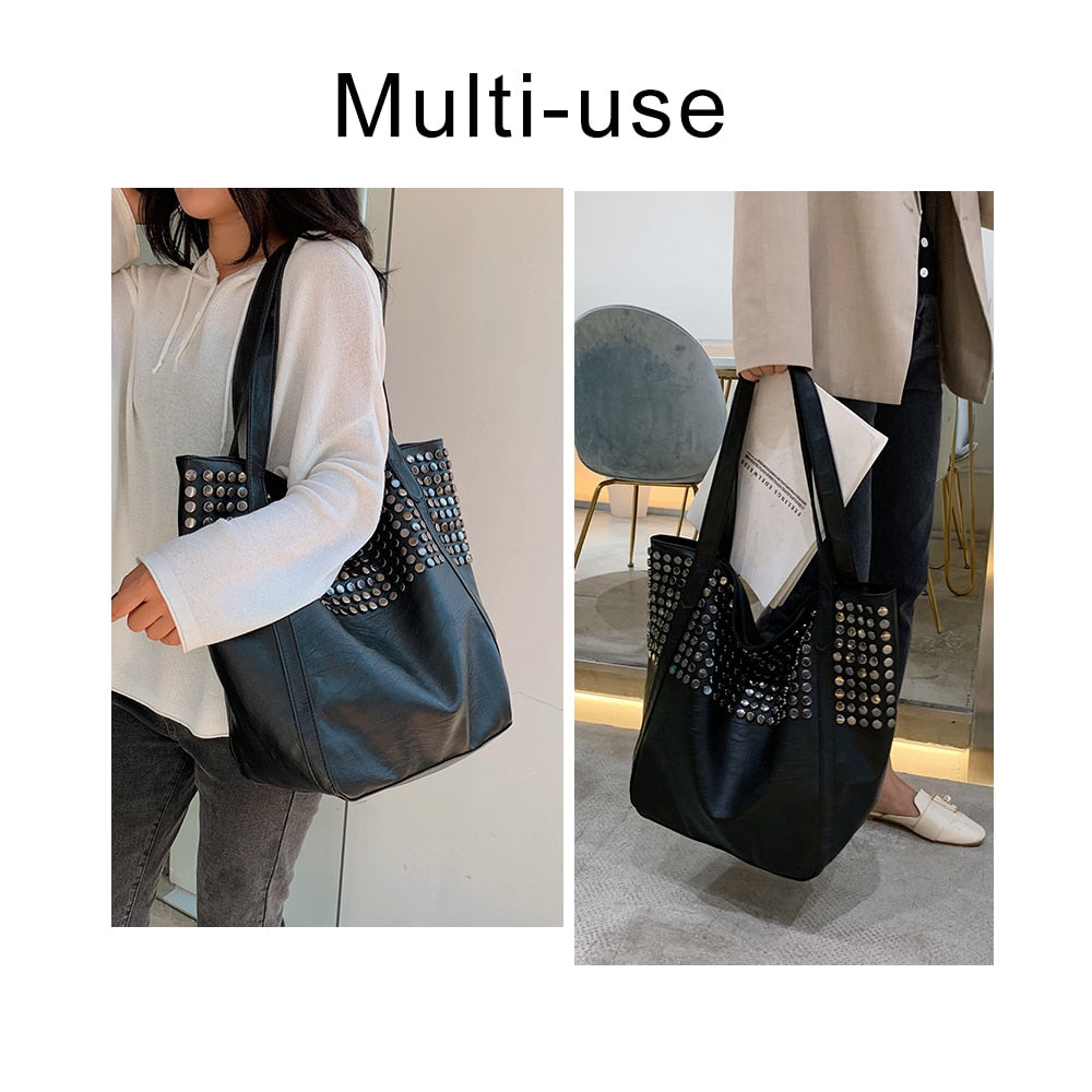 Fashion Rivet Large Capacity Women Shoulder Bag Soft Casual Black Female Shopping Bag Lady Hobo Handbag Tote Travel Bag