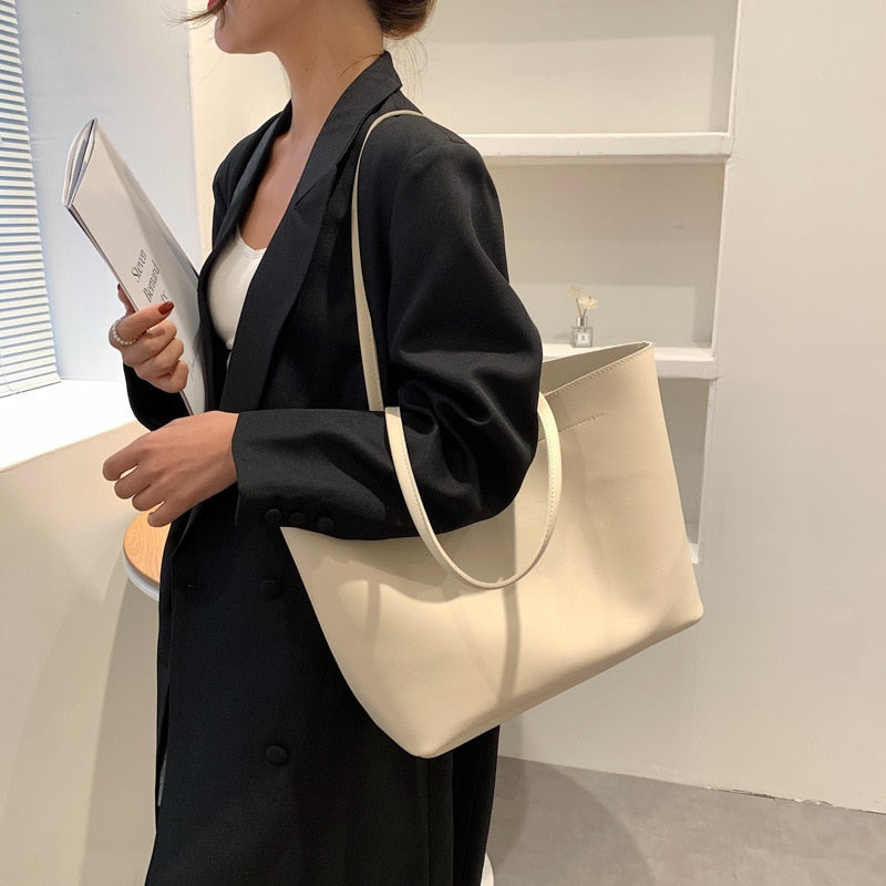 PU Leather Shoulder Women&#39;s Bag Totes Solid Simple Fashion Shopper Bag Large Capacity Female Luxury Designer Shopping Handbag