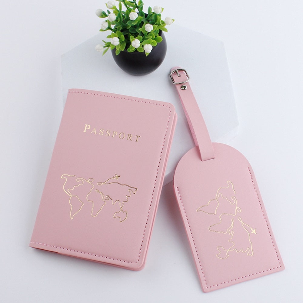 2Pcs/set New Product Short Map Passport Holder Passport Book Protective Cover PU Leather ID Passport Cover Bag Luggage Tag Set