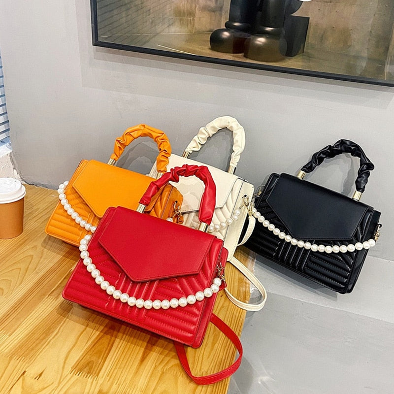 Women Pearl Chain Purse Lattice Clutch Small Crossbody Shoulder Bag with Strap Leather Crossbody Bags For Women Top Handle Bag