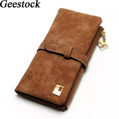 Geestock Women Long Wallets Coin Purse PU Matte Two Fold Wallets Zipper Mobile Phone Design Card Holder Ladies Clutches Wallet