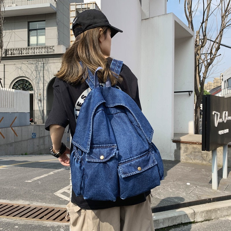 New  Women Denim Backpack Female Personality Travel College Style Casual School Bag