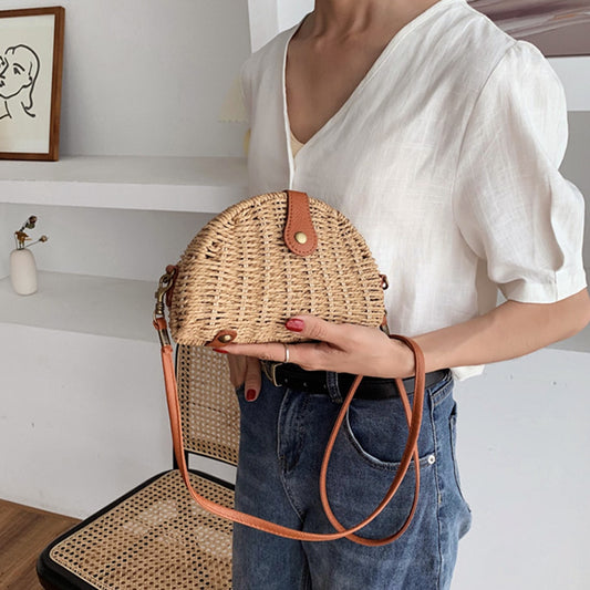 Women Straw Woven Semicircle Bags Handmade Rattan Dumpling Shoulder Bag Female Summer Beach Small Crosbody Vacation Purses