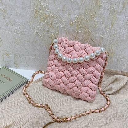 purses and handbags Handmade Cotton Crochet Women's Bag Pearl Chain Mini Portable Shoulder/Crossbody Bag