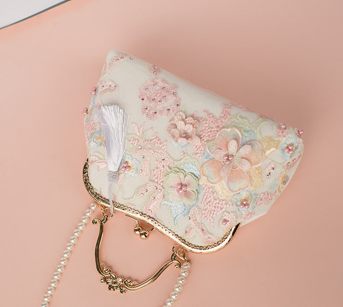Women Lace Pink Pearl Beaded Frame lady Tote Vintage Solid Clear Bag Handbag with White Cotton Lace Fabric