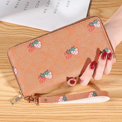 Strawberry Print Wrist Wallets Zipper Coin Long Purse Handbag Women Clutch PU Leather Moneybag Billfold Phone Card Holder Wallet