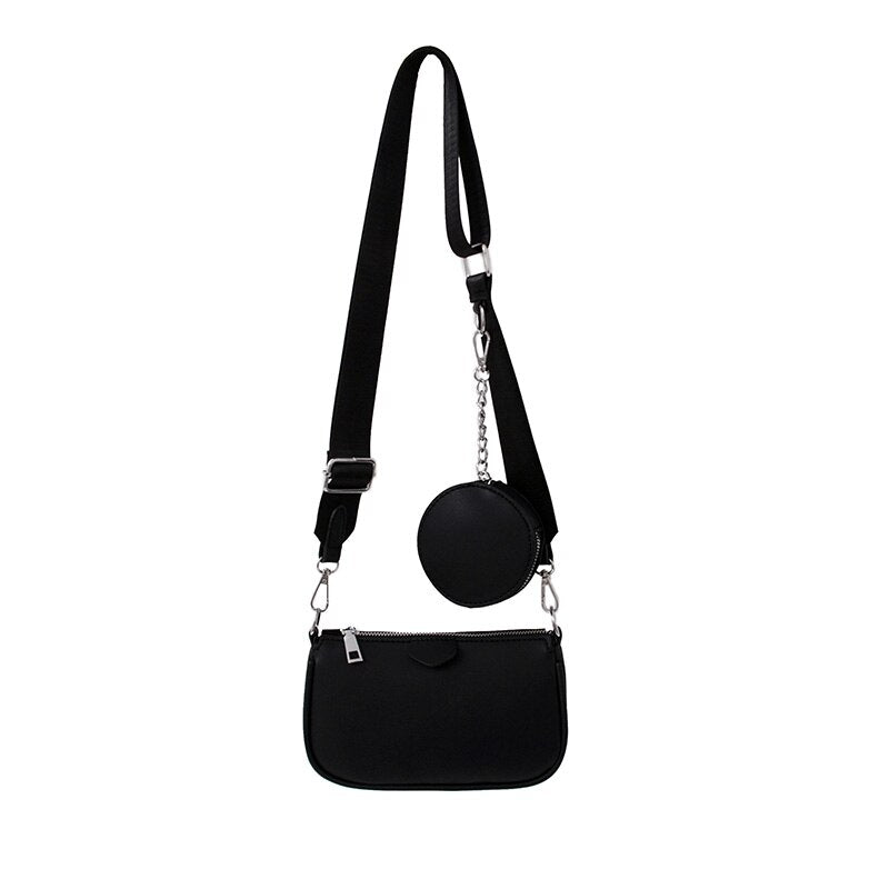 Fashion Black Shoulder Bags New Women Clutches Designer Leather Wide Shoulder Strap 2-IN-1 Messenger Bag Female Handbag