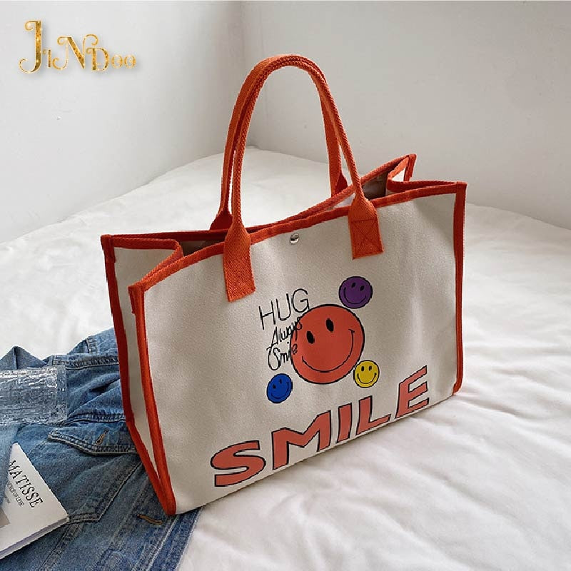 NEW Casual Canvas Women Cute Smile Handbag Large Capacity Handle Bag Shopping Tote Bag Fashion Simple Shoulder Bag Environmental