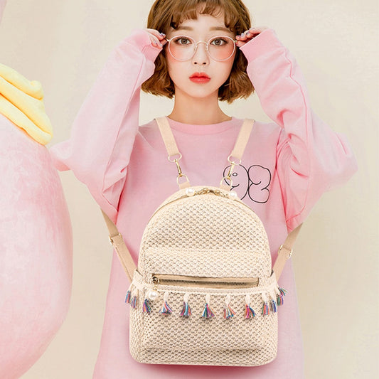 Women Weave Backpack Straw Tassel Splicing School Shoulder Bookbag Multi-pocket Zipper Rucksack for Vacation and Travel