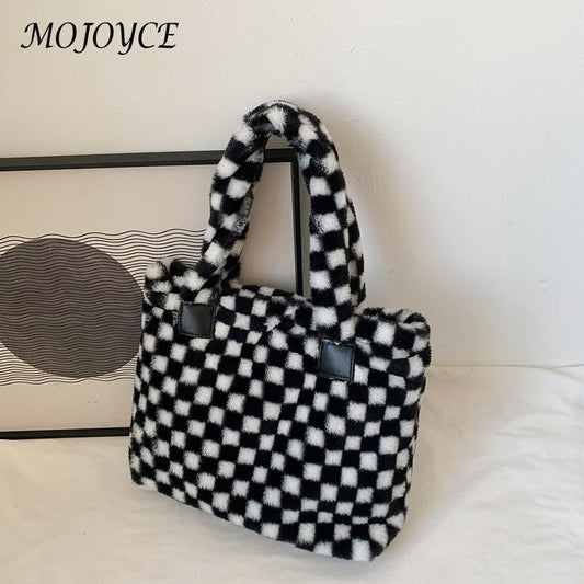 Women Shoulder Bag Vintage Plush Checkered Print Underarm Bag Women Hobos Women Plush Top-Handle Bag for Shopping