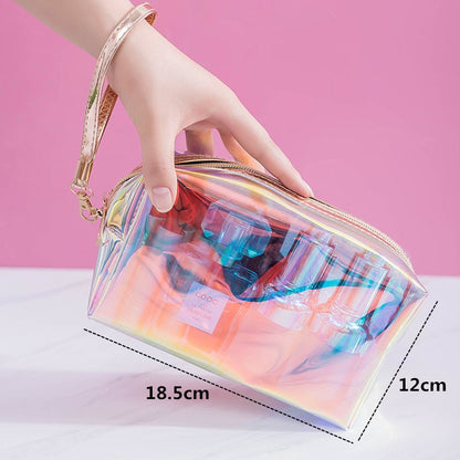 PURDORED 1 Pc Colorful Holographic Women Cosmetic Bag TPU Clear Makeup Bag Beauty Organizer Pouch Travel Clear Makeup Kit Case