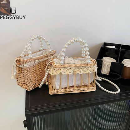 Casual Summer Rattan Woven Women Shoulder Crossbody Bags Fashion Pearl Chain Basket Drawstring Ladies Small Top-handle Handbags