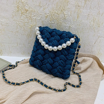 purses and handbags Handmade Cotton Crochet Women's Bag Pearl Chain Mini Portable Shoulder/Crossbody Bag