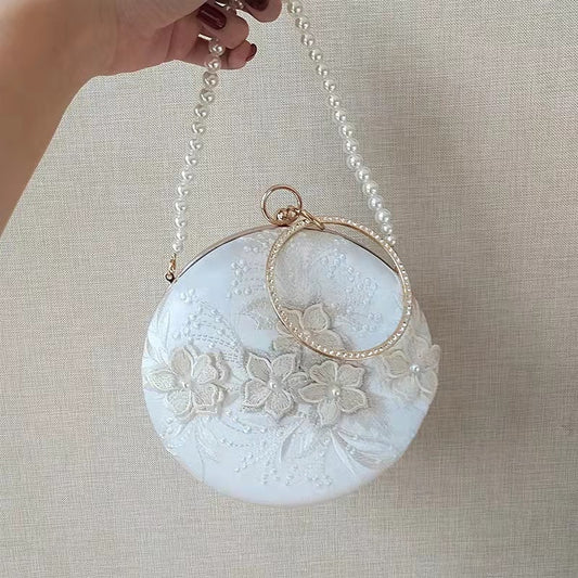 Bridal wedding White elegant clutch bag women&#39;s new small flower Round Evening Bag pearl Chain Shoulder Bags party purse B417