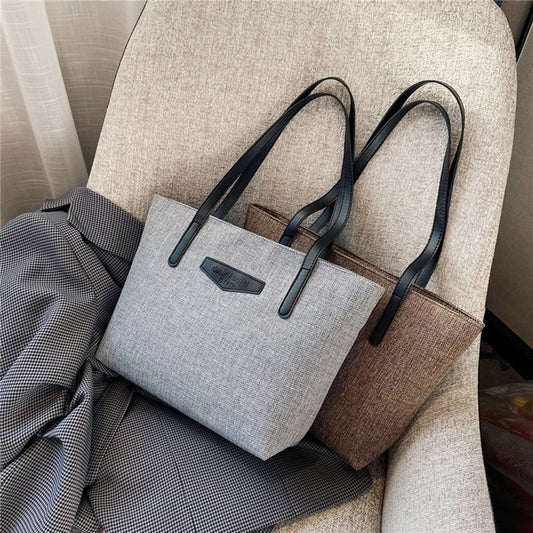 Fashion Hit Color Shoulder Tote Bags Women Leather Linen Simple Shopping Street Crossbody Pouch Large Capacity Handbag