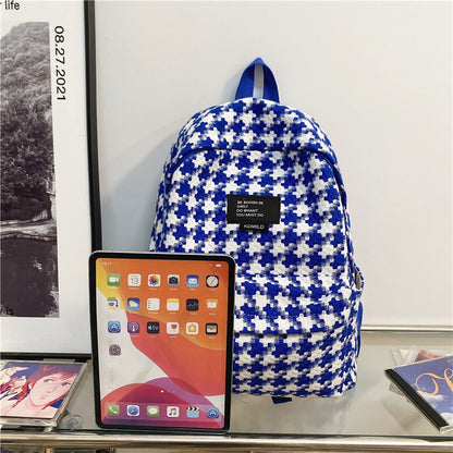 DCIMOR New Plaid Women Backpack Ladies Kawaii Knitted Cotton School Bag Teenage Girl Cute Portable Casual Bagpack Female Bookbag