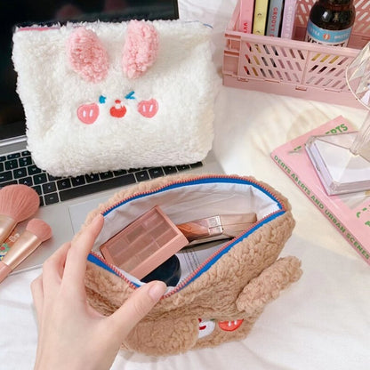 Cute Cosmetic Case for Women Bear Rabbit Ears Pluch Makeup Toiletry Pouch Girls Travel Large Storage Bag