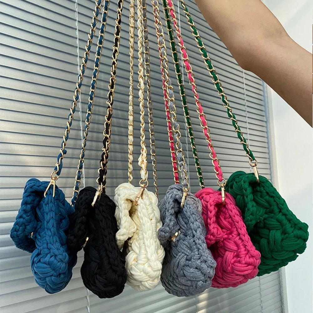 Fashion Rope Woven Shoulder Crossbody Bags for Women Chains Knitting Handbag String Square Bag Small Braided Flap Phone Purses