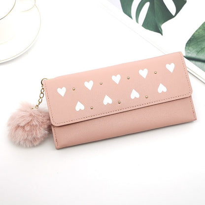 PU Leather Luxury Wallet for Women Card Holder Pure Color Heart-shaped hair Ball Female Purses Long Clutch Carteras