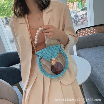 Boho Summer Femeal Bags Transperant Pearl Handle Clear Tote Handbag Colorful Woven Chain Women Messenger Bag