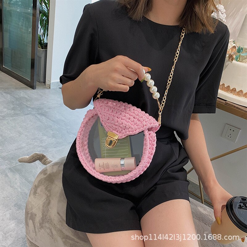 Boho Summer Femeal Bags Transperant Pearl Handle Clear Tote Handbag Colorful Woven Chain Women Messenger Bag