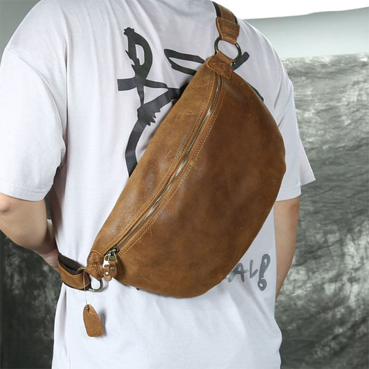 Lachiour Men Genuine Leather Waist Packs Large  Crazy Horse Cowhide Leather Fanny Packs  Male Motor Cycling Waist Shoulder Bag