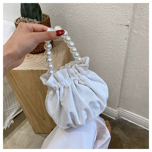 Women Shoulder Bags Little Bucket Pearls Handbag Vintage Chain Crossbody Corduroy Pleated Candy Colors Chic All-match Bag Female