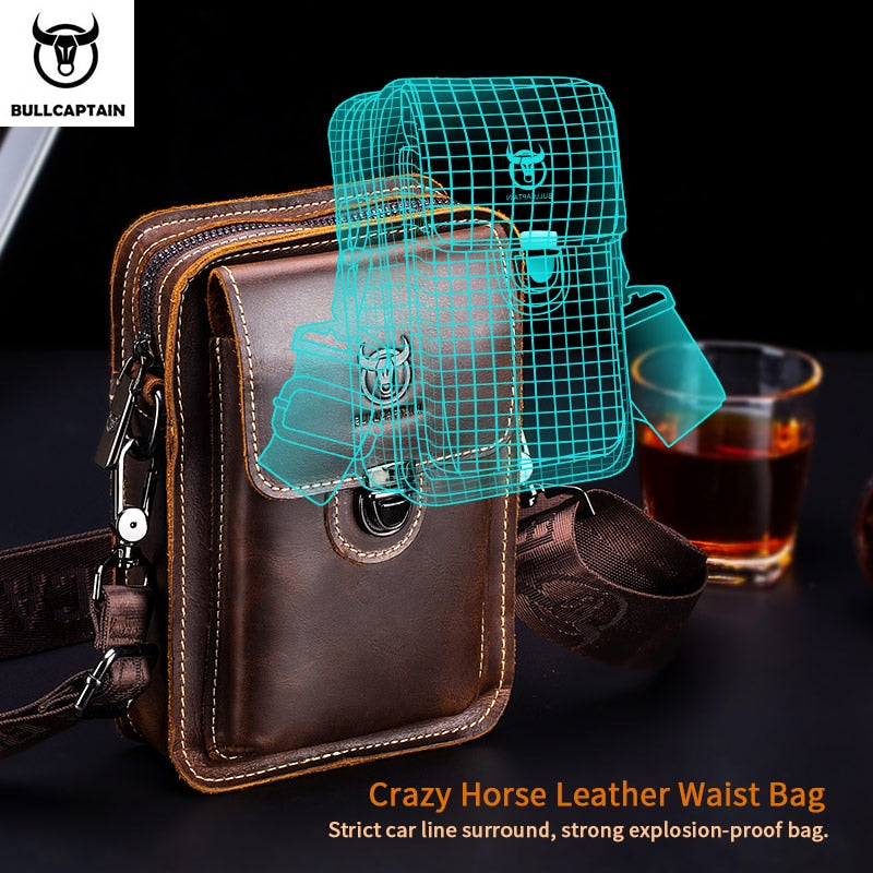 BULLCAPTAIN Crazy horse leather Male Waist Pack Phone Pouch Bags Waist Bag Men&#39;s Small chest Shoulder Belt Bag back pack075