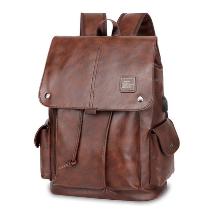 Fashion Man Vintage Retro Backpack PU Leather Mens USB Charger Teenager Backpacks Male Large Capacity Schoolbag Men&#39;s Bag Bolsa