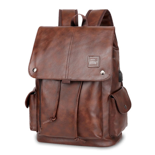 Fashion Man Vintage Retro Backpack PU Leather Mens USB Charger Teenager Backpacks Male Large Capacity Schoolbag Men&#39;s Bag Bolsa