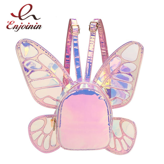 Fashion Women&#39;s Laser Mini Backpack Butterfly Angel Wings Daypack for Girls Travel Casual Daypack School Bag Holographic Leather