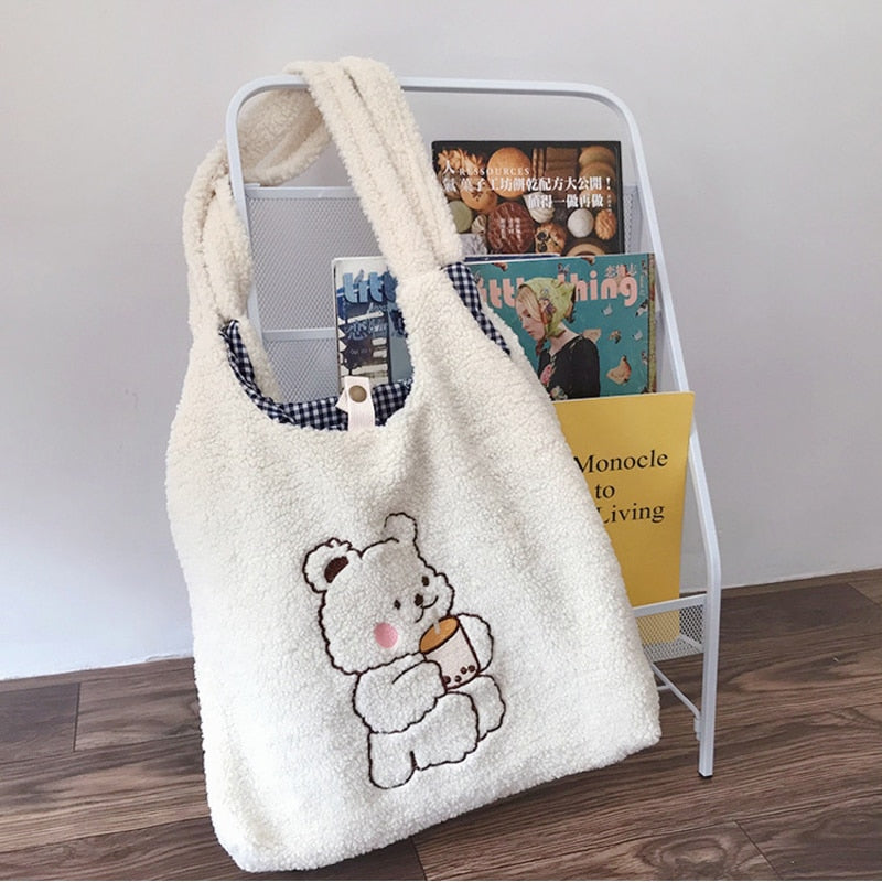 Hylhexyr Women Canvas Tote Purse Lamb Like Fabric Shoulder Bag Bear Embroider Crossbody Handbag Casual Shopper Bag Cute For Girl