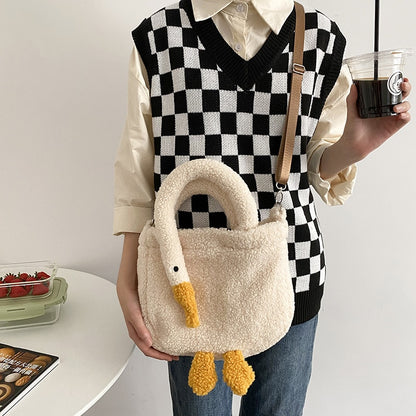 Cute Cartoon 3D Creative Goose Women&#39;s Shoulder Bag for Winter New Fashion Solid Soft Plush Sweet Female&#39;s Crossbody Bag