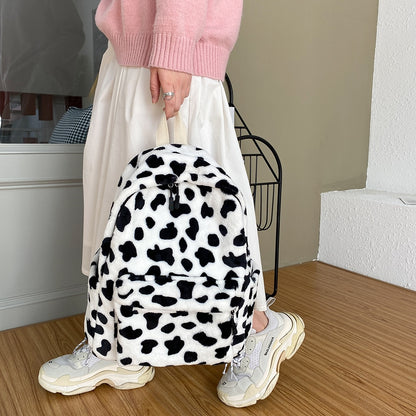 New Winter Women Warm Plush Backpack Teenager Girls School Bag Fashion Cow Print Backpacks Female Multi-Pockets Travel Bag