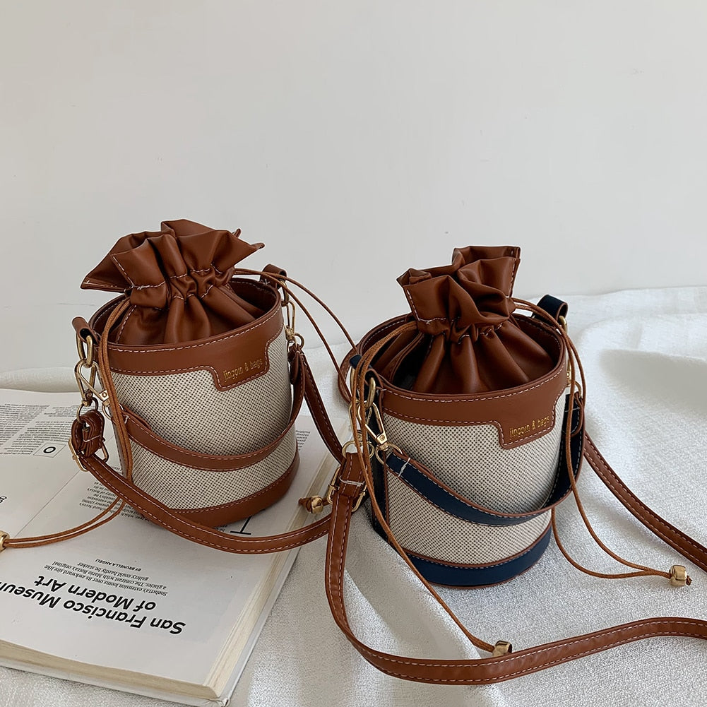 Women Shoulder Bags Cylinder PU Leather Bucket Crossbody Bag Casual Drawstring Handbags Purse for Travel Shopping