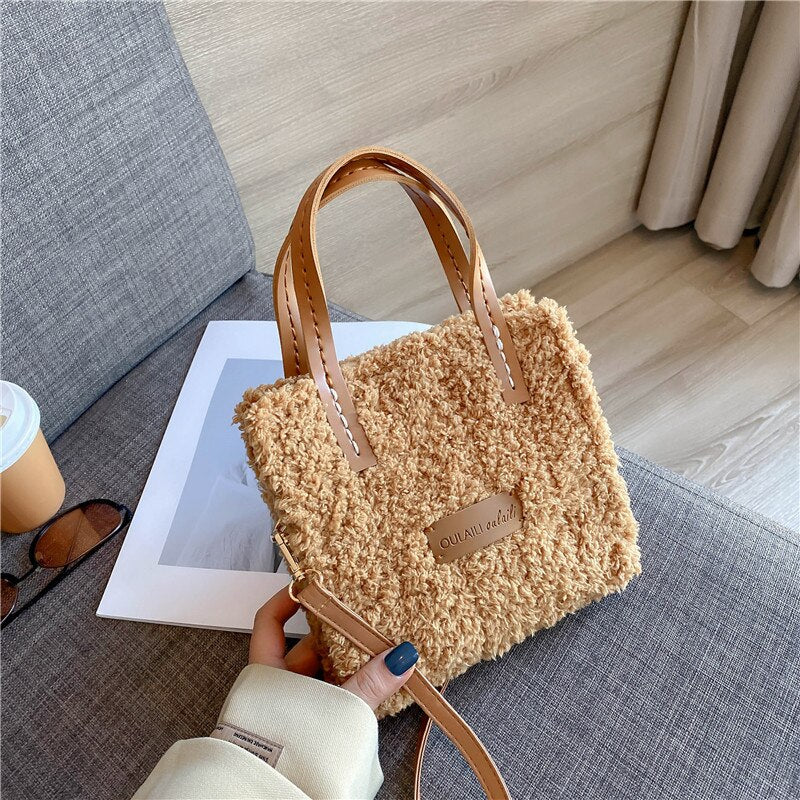 Women Winter Shoulder Bag Lamb Wool Warm Soft Autumn Ins Square Cross-body Portable Casual Self-made Hand-Woven Bag Material Bag