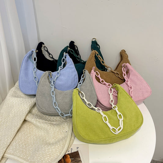 Retro Women's Saddle Bag Casual Shoulder Bags Corduroy Solid Color Chain Small Hobos Underarm Bags Ladies Shopping Handbags New