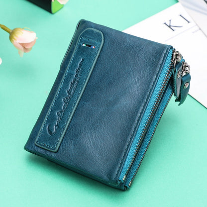 Contact&#39;s Genuine Leather Wallet Women Coin Pocket Double Zipper Card Holder Money Bags Fashion Ladies Small Purses Mini Wallet