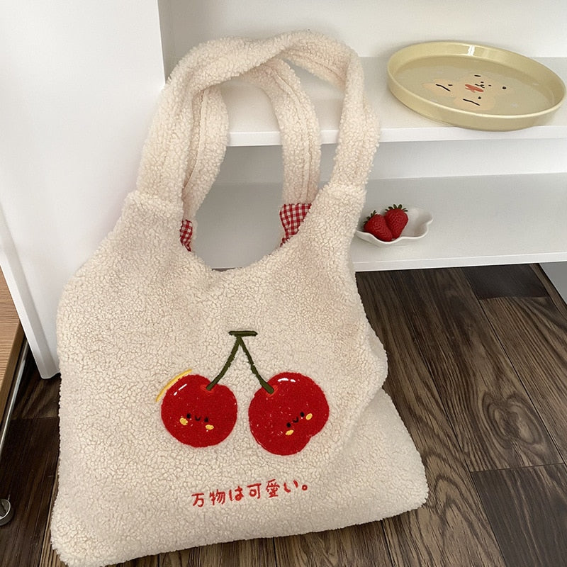 Women Plush Cherry Embroidery Tote Shoulder Bag Fluffy Canvas Handbags Lamb Like Fabric Large Shopping Bags Girls Cute Book Bag