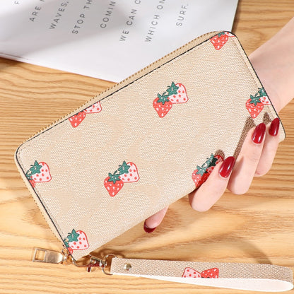 Strawberry Print Wrist Wallets Zipper Coin Long Purse Handbag Women Clutch PU Leather Moneybag Billfold Phone Card Holder Wallet