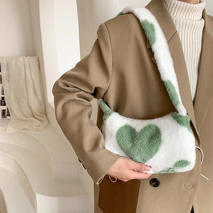 Women Soft Plush Shoulder Bag Heart Print Small Handbags Female Faux Fur Underarm Bag Fluffy All Match Winter Warm Bags