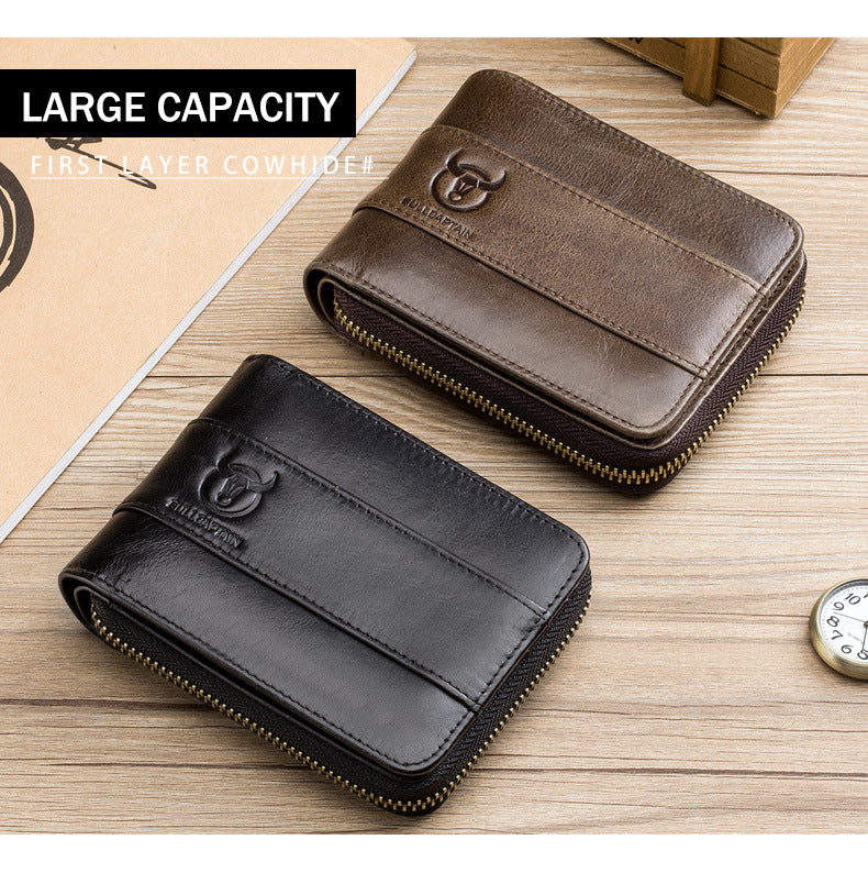 BULLCAPTAIN RFID Men Wallets Credit Card Holders Genuine Leather Double Zipper Cowhide Leather Wallet Purse Carteria Button
