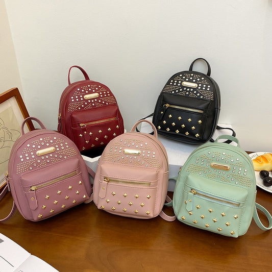 Women&#39;s Small Leather Backpack, Fashion Rivet Studded Daypack Lightweight Travel Satchel