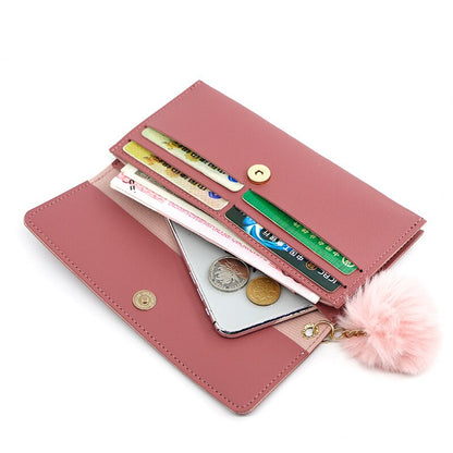 PU Leather Luxury Wallet for Women Card Holder Pure Color Heart-shaped hair Ball Female Purses Long Clutch Carteras