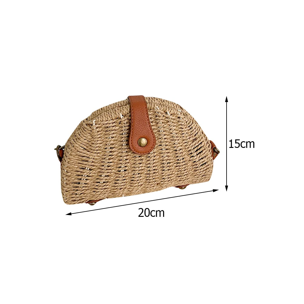 Women Straw Woven Semicircle Bags Handmade Rattan Dumpling Shoulder Bag Female Summer Beach Small Crosbody Vacation Purses