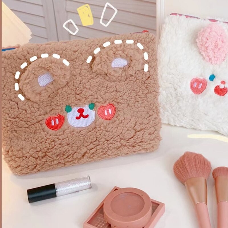 Cute Cosmetic Case for Women Bear Rabbit Ears Pluch Makeup Toiletry Pouch Girls Travel Large Storage Bag