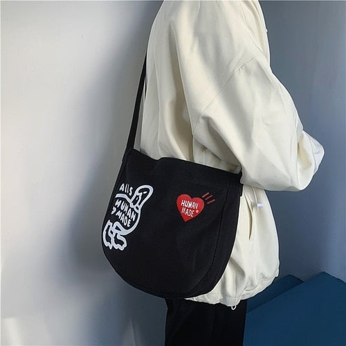 Black Human Made Bag Men Women High Quality White Duck Logo Print Human Made Backpacks Vintage Canvas Hasp Bag