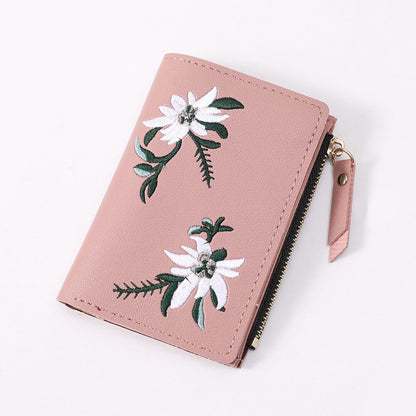 Women&#39;s Short Embroidered Flower Zipper Simple Student Coin Purse Thin Multi-card Fashion Wallet Women Handbag