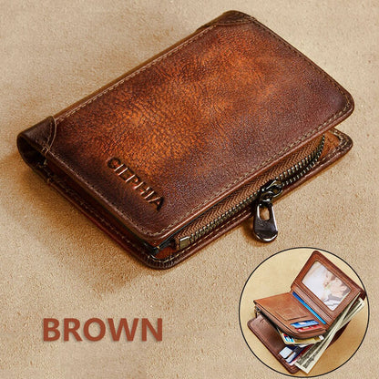 Genuine Leather Wallets for Men Vintage Short Multi Function Business Purse RFID Blocking Zipper ID Credit Card Holder Money Bag