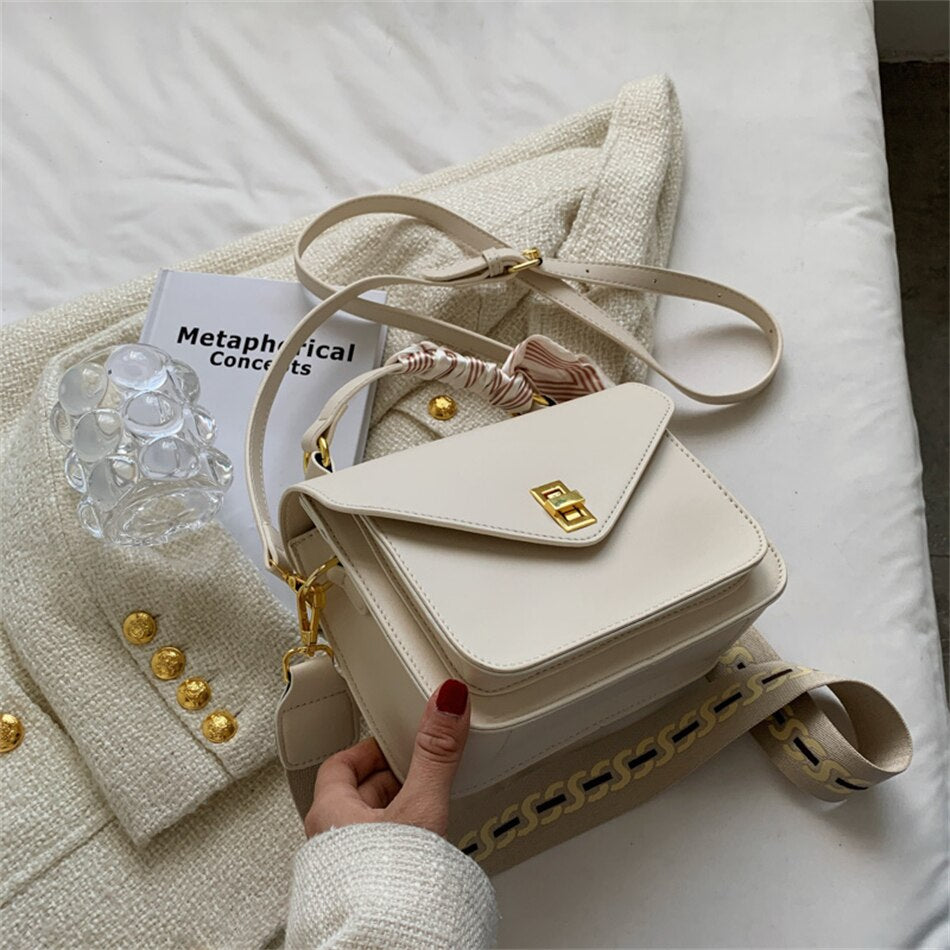 Simple Fashion Shopping Bag Women PU Leather Shoulder Bag with Scarves Casual Lady Crossbody Bag Trendy Designer Female Handbag